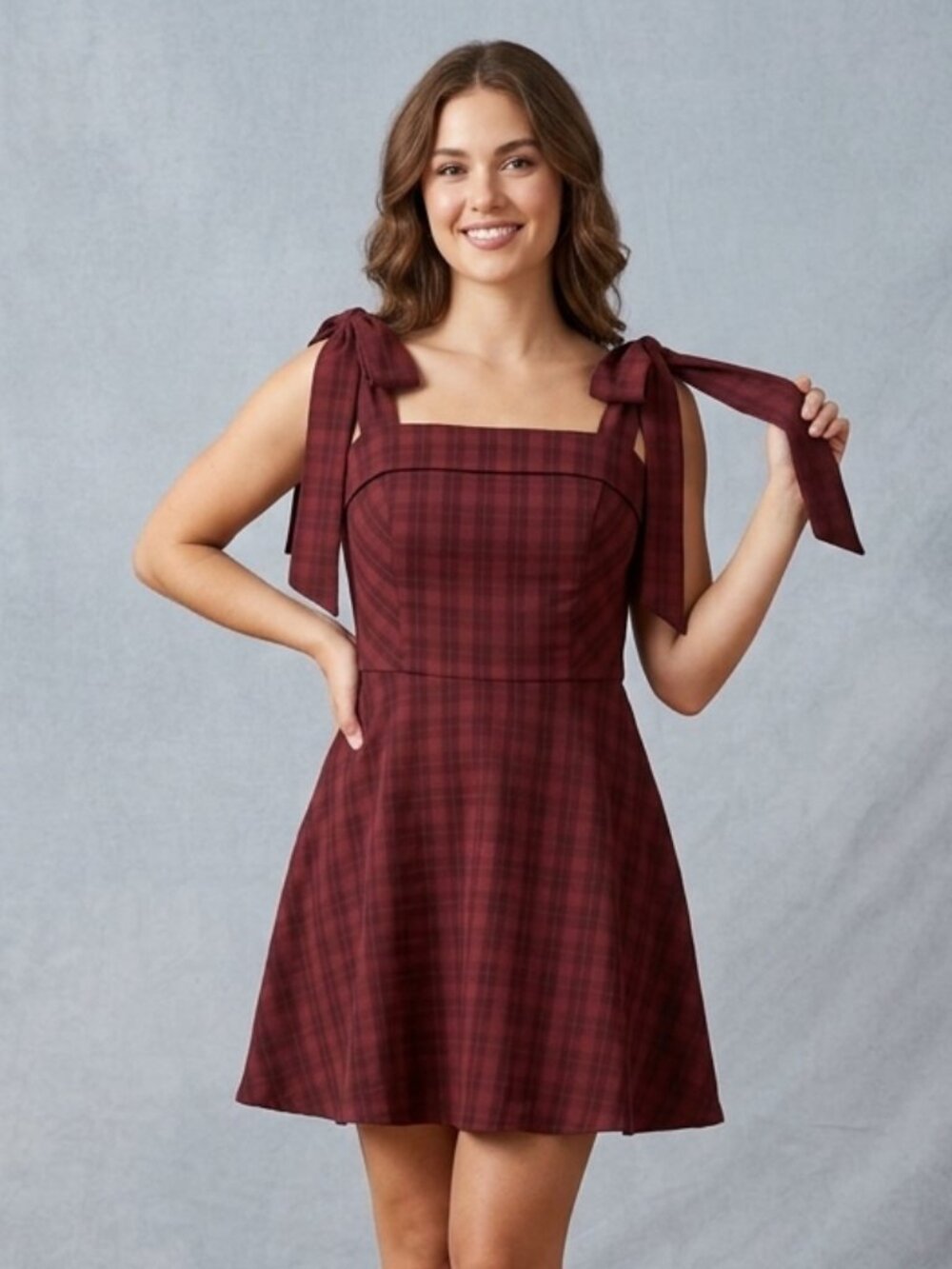Francescas Burgundy Plaid Tie Shoulder Mini Dress Party Cocktail Cute Size S‎